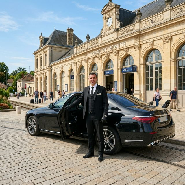 Chauffeur VTC professionnel avec pancarte à la gare de La Rochelle