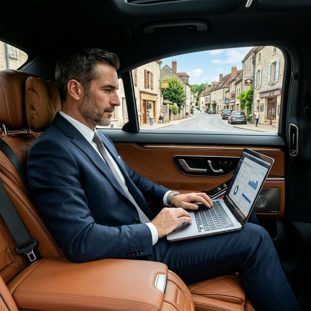 Cadre travaillant sur ordinateur à l'arrière d'un VTC de luxe