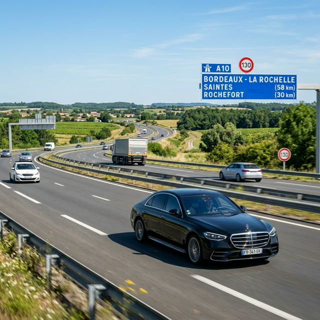 Véhicule VTC de luxe sur l'autoroute en direction de l'aéroport de Bordeaux