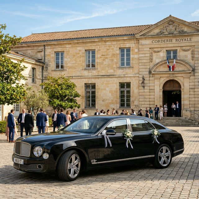 Véhicule VTC de luxe décoré pour un mariage près de la Corderie Royale