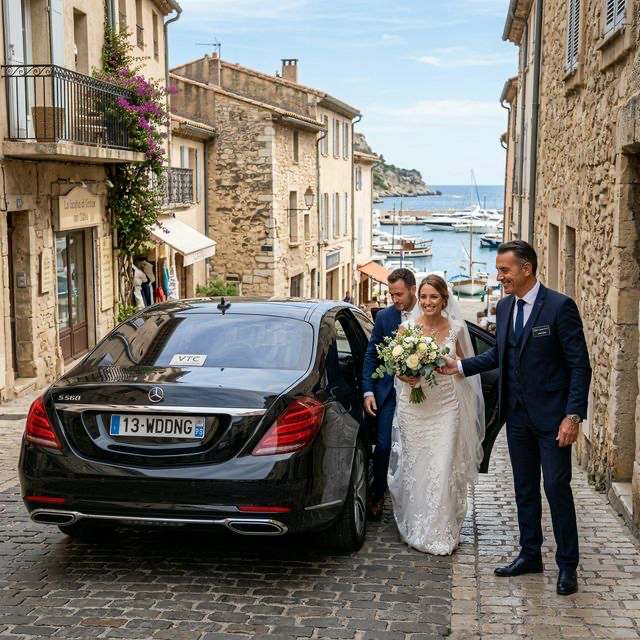 Chauffeur VTC ouvrant la portière du véhicule aux mariés dans une rue typique charentaise